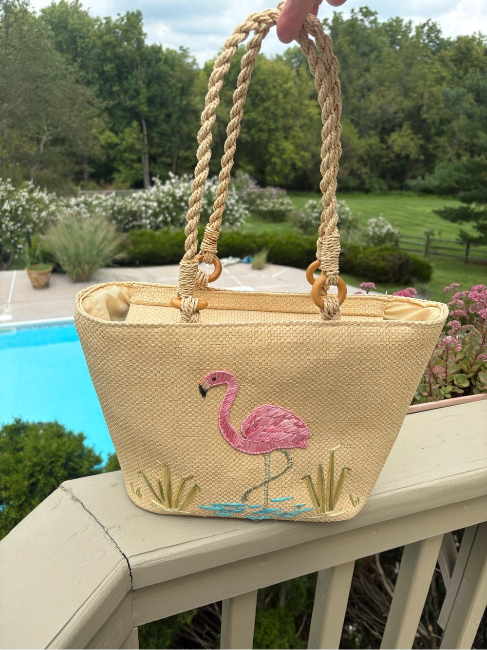 CAPPELLI STRAWORLD Adorable Straw Tote with Pink Flamingo Embroidery